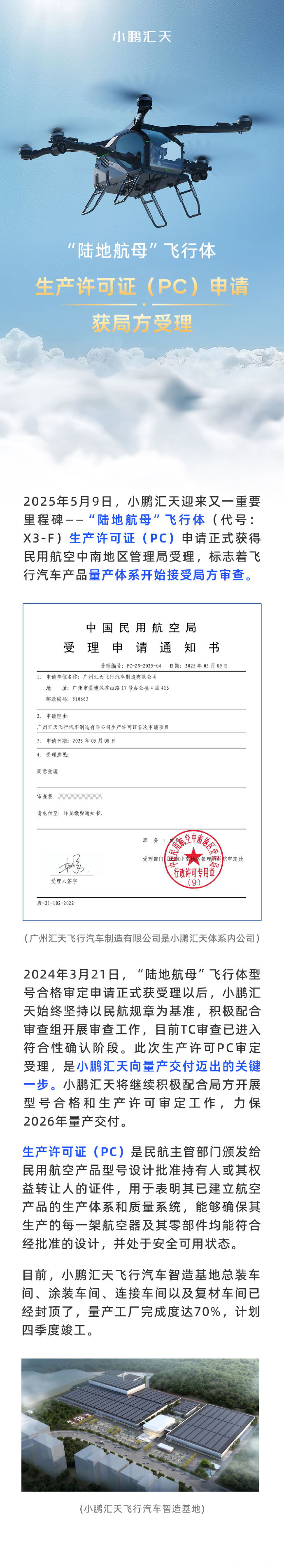 小鵬匯天“陸地航母”飛行體生產(chǎn)許可證（PC）申請(qǐng)正式獲得民用航空中南地區(qū)管理局受理(圖1)